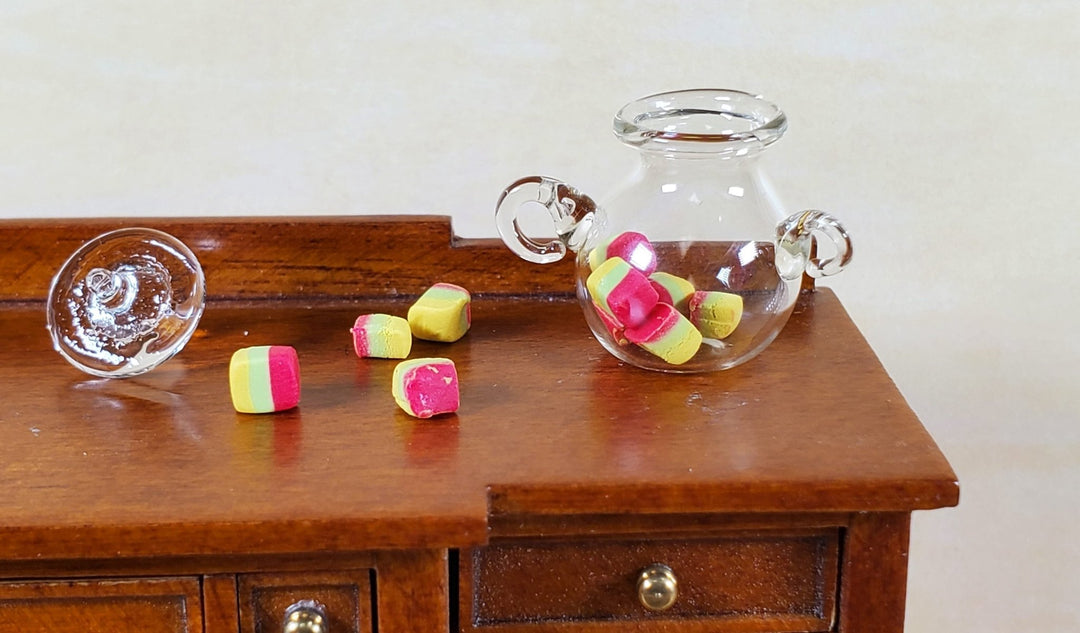 Dollhouse Candy Jar with Treats Inside Handles and Lid Clear Glass Pot Belly - Miniature Crush