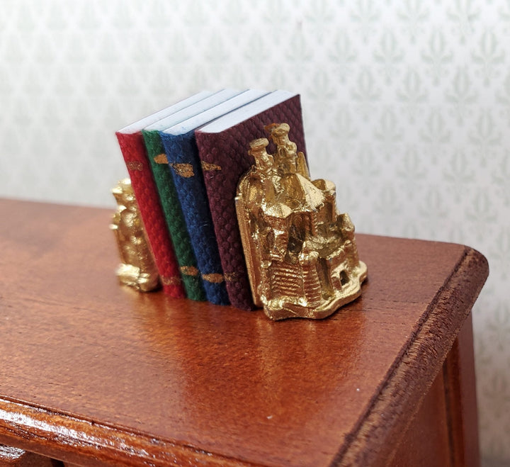 Dollhouse Castle Bookends with 4 Tiny Books Gold Metal 1:12 Scale Miniature - Miniature Crush