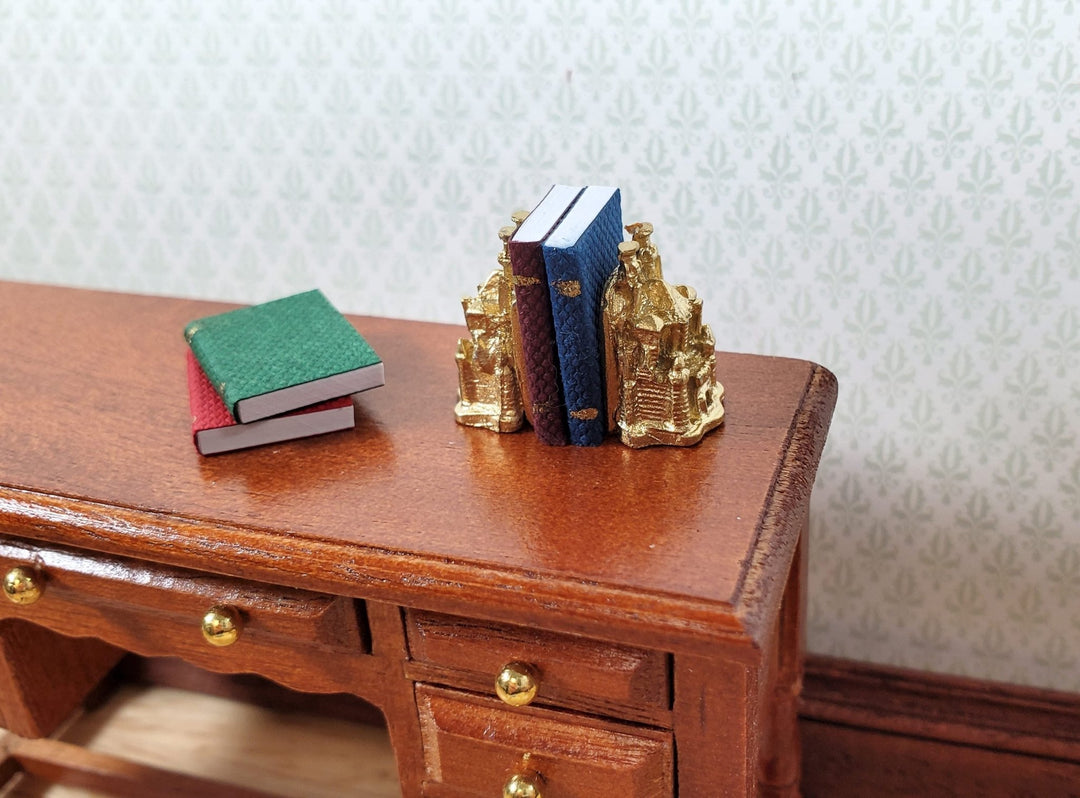 Dollhouse Castle Bookends with 4 Tiny Books Gold Metal 1:12 Scale Miniature - Miniature Crush