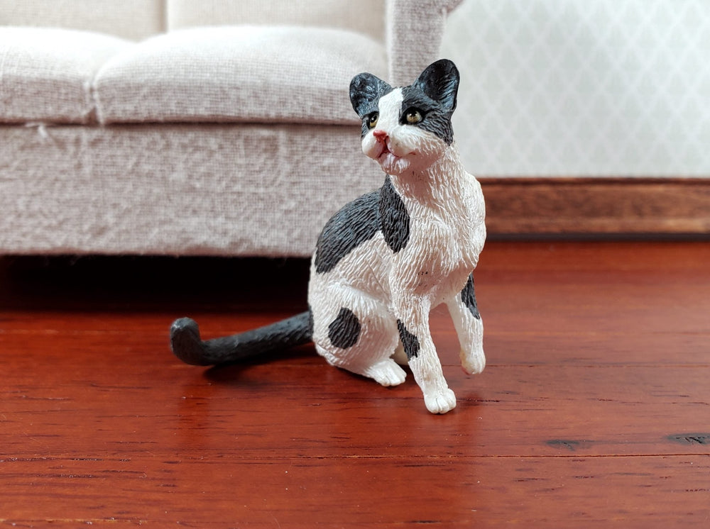 Dollhouse Cat Gray and White Sitting 1:12 Scale (Large) Miniature Kitty Pet - Miniature Crush