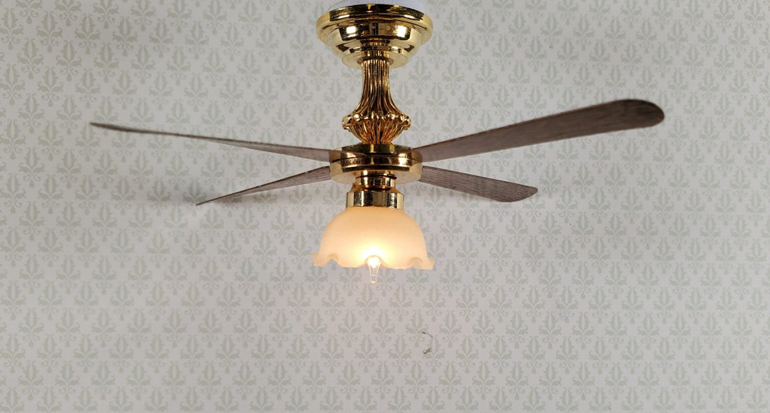 Dollhouse Ceiling Fan Light 12 Volt with Plug 1:12 Scale Miniature Flower Shade - Miniature Crush