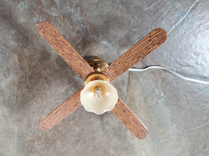 Dollhouse Ceiling Fan Light 12 Volt with Plug 1:12 Scale Miniature Flower Shade - Miniature Crush