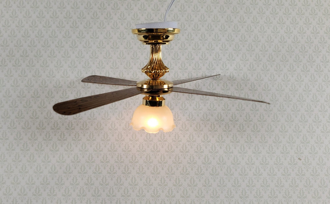 Dollhouse Ceiling Fan Light 12 Volt with Plug 1:12 Scale Miniature Flower Shade - Miniature Crush