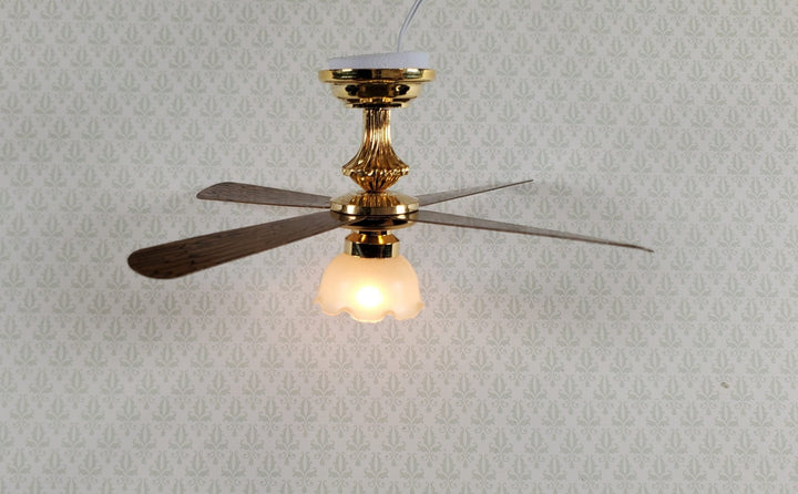 Dollhouse Ceiling Fan Light 12 Volt with Plug 1:12 Scale Miniature Flower Shade - Miniature Crush