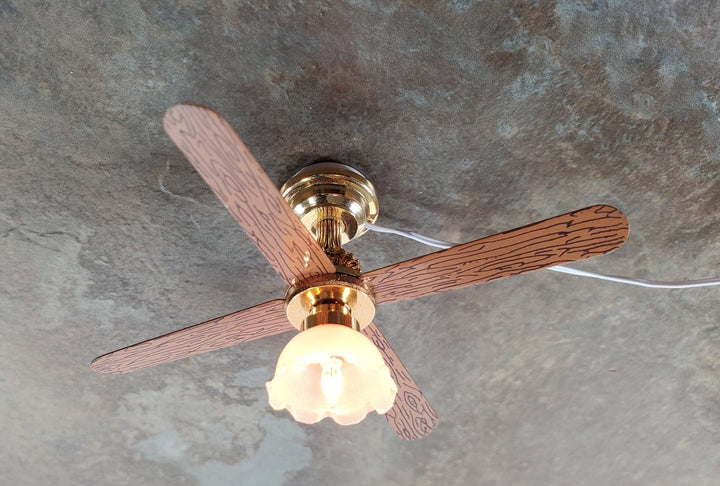 Dollhouse Ceiling Fan Light 12 Volt with Plug 1:12 Scale Miniature Flower Shade - Miniature Crush