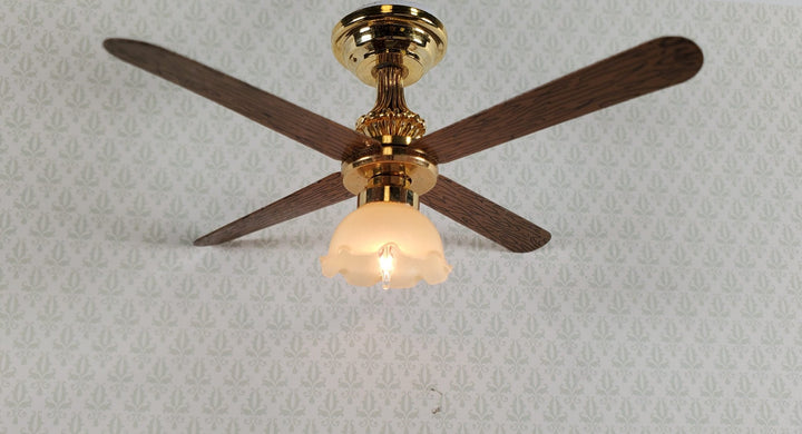 Dollhouse Ceiling Fan Light 12 Volt with Plug 1:12 Scale Miniature Flower Shade - Miniature Crush