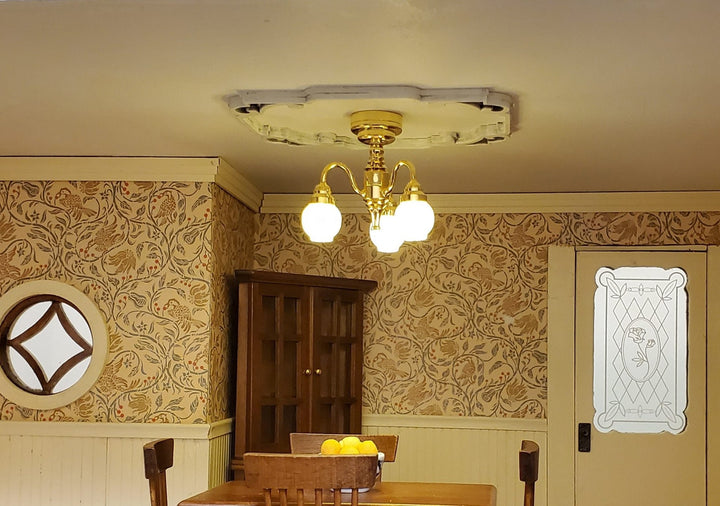 Dollhouse Ceiling Light Battery Operated with Wand 3 Arm Globes 1:12 Miniature - MiniatureCrush