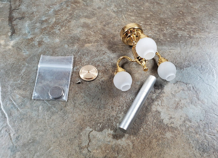 Dollhouse Ceiling Light Battery Operated with Wand 3 Arm Globes 1:12 Miniature - MiniatureCrush