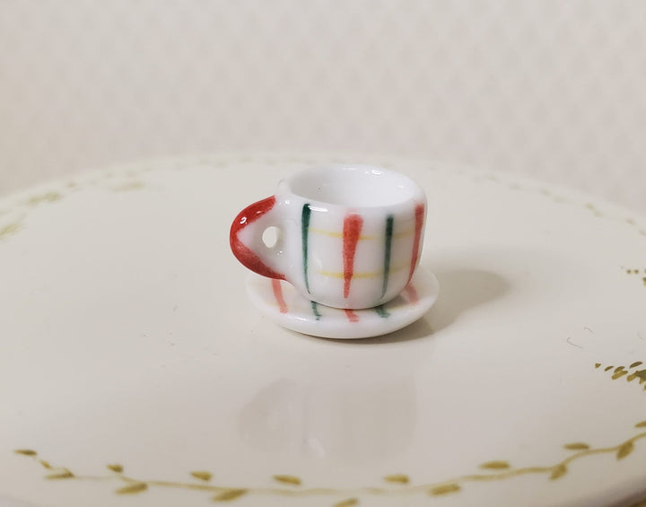 Dollhouse Ceramic Coffee Cup Green Red Stripes Motif 1:12 Scale Miniature - MiniatureCrush
