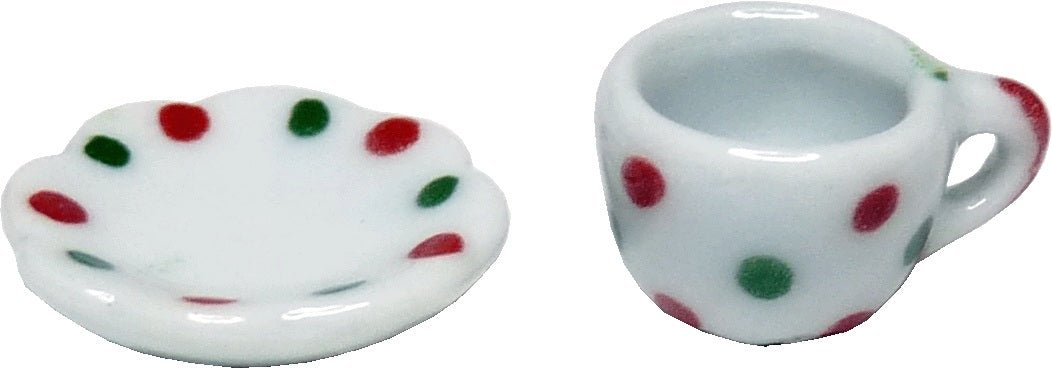 Dollhouse Ceramic Coffee Tea Cup with Saucer Dots Motif 1:12 Scale Miniature - MiniatureCrush