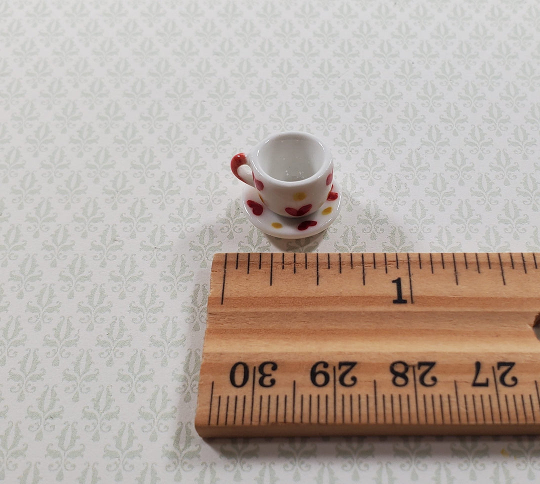 Dollhouse Ceramic Coffee Tea Cup with Saucer Hearts Motif 1:12 Scale Miniature - MiniatureCrush