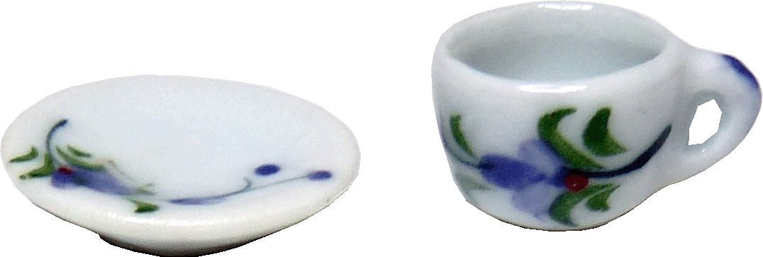 Dollhouse Ceramic Coffee Tea Cup with Saucer Purple Floral 1:12 Scale Miniature - MiniatureCrush