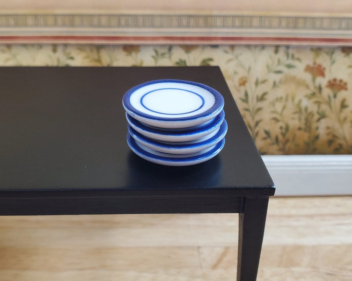 Dollhouse Ceramic Dinner Plates White with Blue Set of 4 1:12 Scale Miniatures - MiniatureCrush
