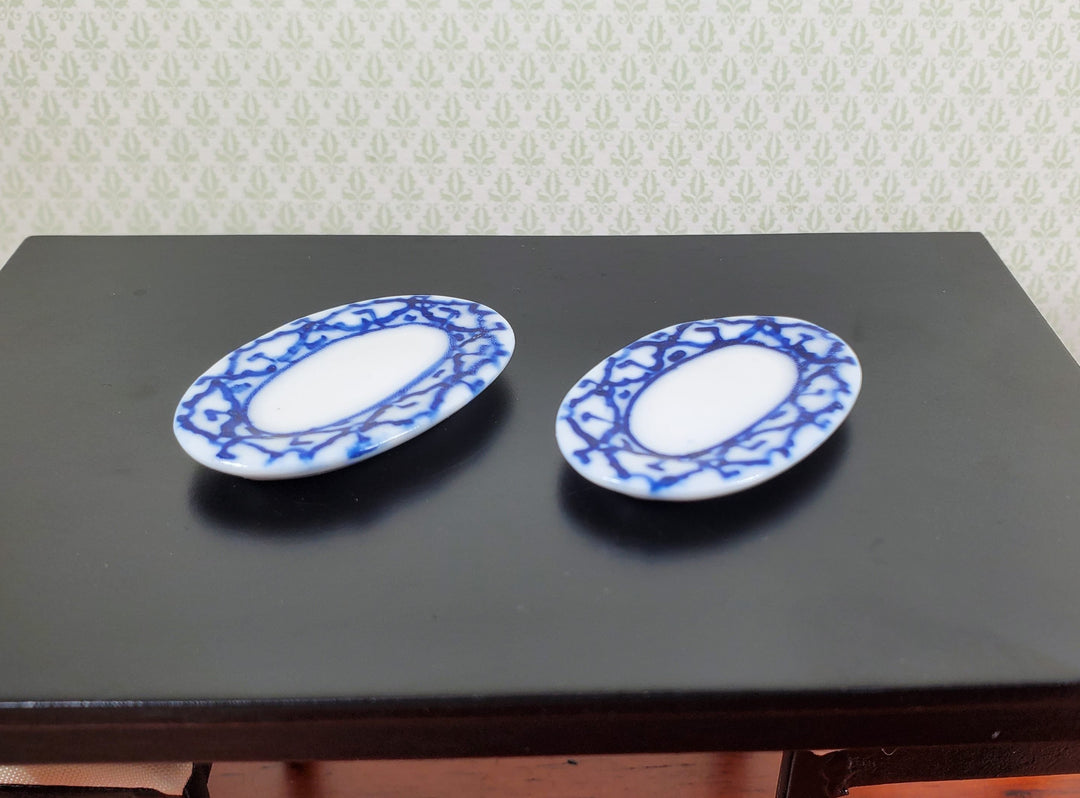 Dollhouse Ceramic Oval Trays Blue and White Pattern 2 pcs 1:12 Scale Miniature - MiniatureCrush