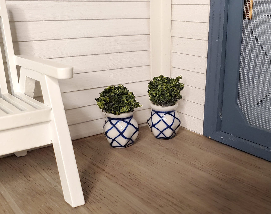 Dollhouse Ceramic Planter Blue & White Set of 2 Cross Hatch 1:12 Scale Miniature - MiniatureCrush