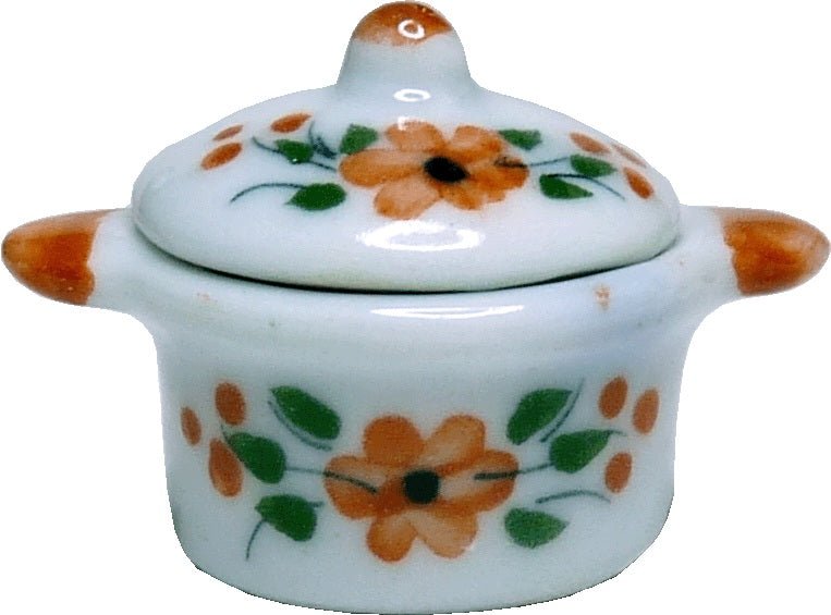 Dollhouse Ceramic Stock Pot with Lid Orange Floral 1:12 Scale Miniature - MiniatureCrush