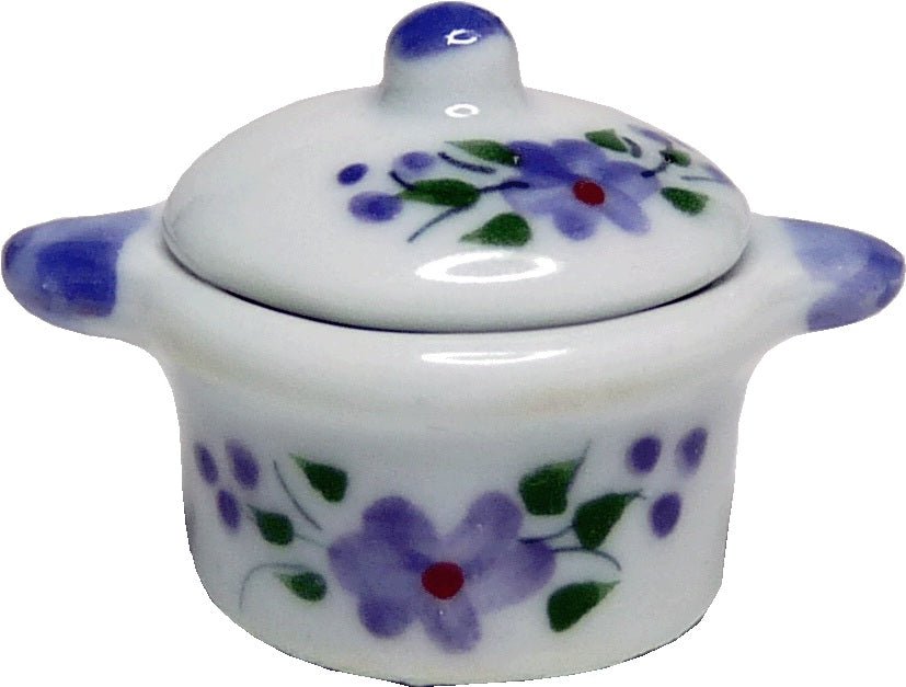 Dollhouse Ceramic Stock Pot with Lid Purple Floral 1:12 Scale Miniature - MiniatureCrush