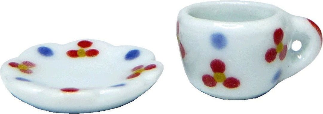 Dollhouse Ceramic Teacup with Saucer Red & Blue Dots 1:12 Scale Miniature Dish - MiniatureCrush
