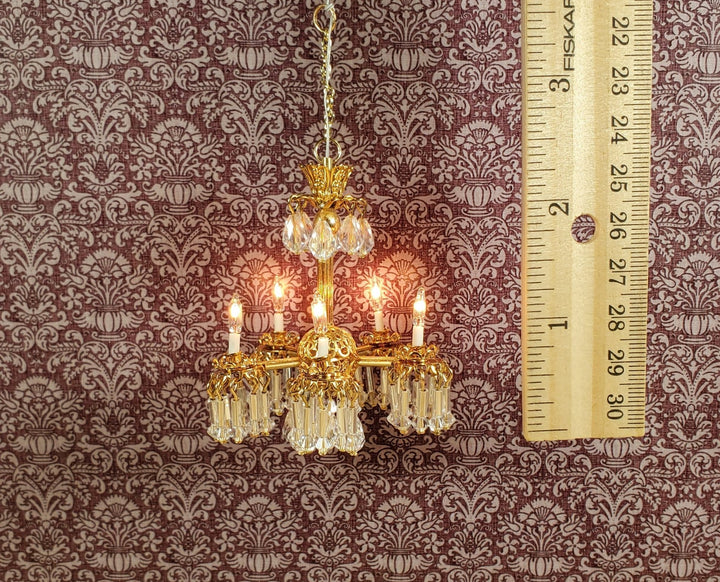 Dollhouse Chandelier 5 Arm Real Glass Crystals 12 Volt 1:12 Scale Vintage Style - Miniature Crush