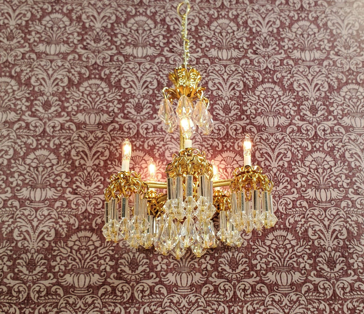 Dollhouse Chandelier 5 Arm Real Glass Crystals 12 Volt 1:12 Scale Vintage Style - Miniature Crush