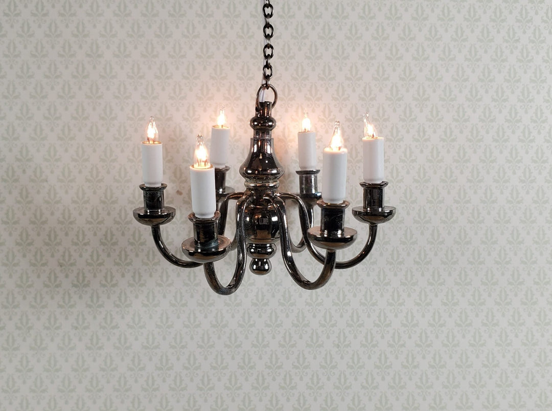 Dollhouse Chandelier 6 Arm Black Chrome 12 Volt Electric 1:12 Scale Miniature - Miniature Crush