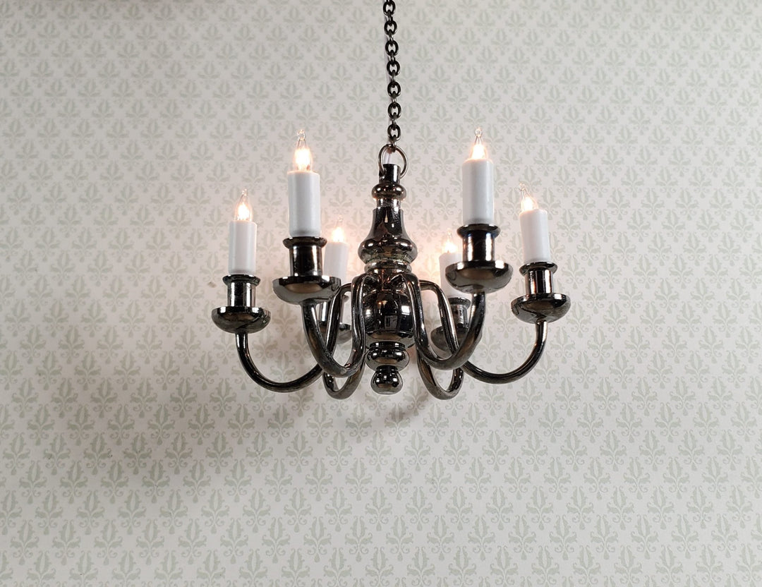 Dollhouse Chandelier 6 Arm Black Chrome 12 Volt Electric 1:12 Scale Miniature - Miniature Crush