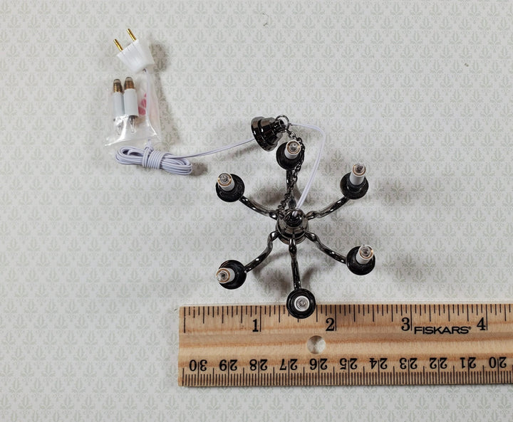 Dollhouse Chandelier 6 Arm Black Chrome 12 Volt Electric 1:12 Scale Miniature - Miniature Crush