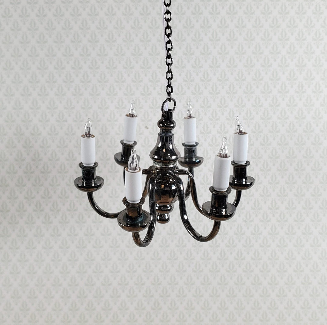 Dollhouse Chandelier 6 Arm Black Chrome 12 Volt Electric 1:12 Scale Miniature - Miniature Crush