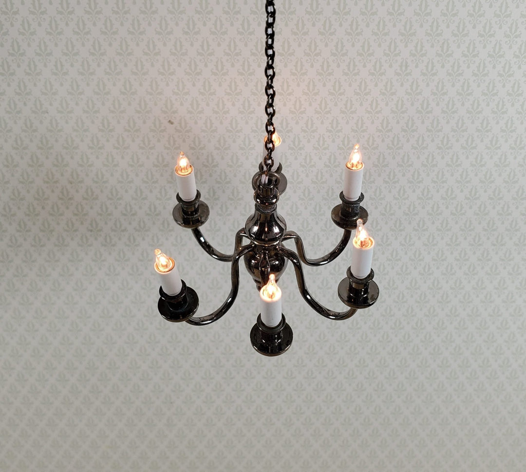 Dollhouse Chandelier 6 Arm Black Chrome 12 Volt Electric 1:12 Scale Miniature - Miniature Crush