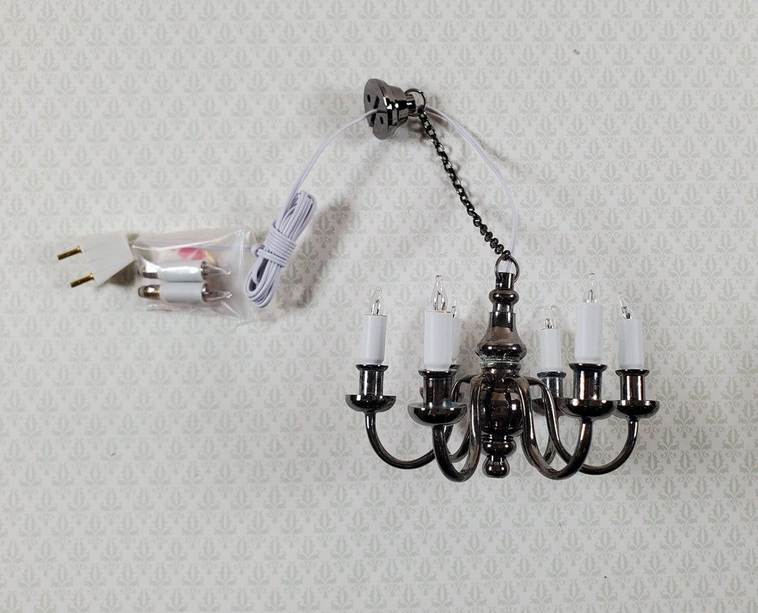 Dollhouse Chandelier 6 Arm Black Chrome 12 Volt Electric 1:12 Scale Miniature - Miniature Crush