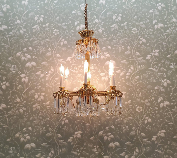 Dollhouse Chandelier 6 Arm Real Glass Crystals 12 Volt 1:12 Scale - MiniatureCrush