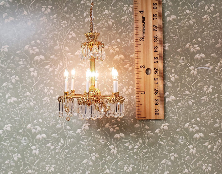 Dollhouse Chandelier 6 Arm Real Glass Crystals 12 Volt 1:12 Scale - MiniatureCrush