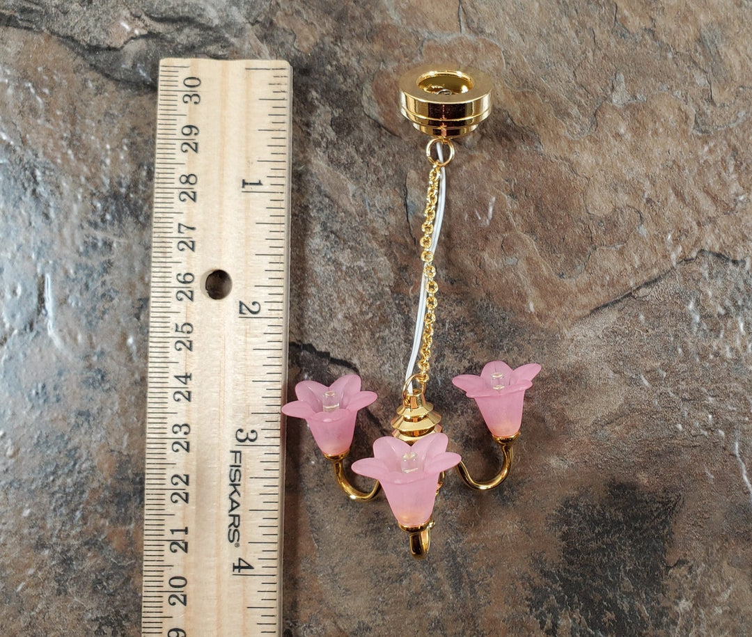 Dollhouse Chandelier Ceiling Light Battery Operated Pink Tulips 3 Arm 1:12 Scale - Miniature Crush