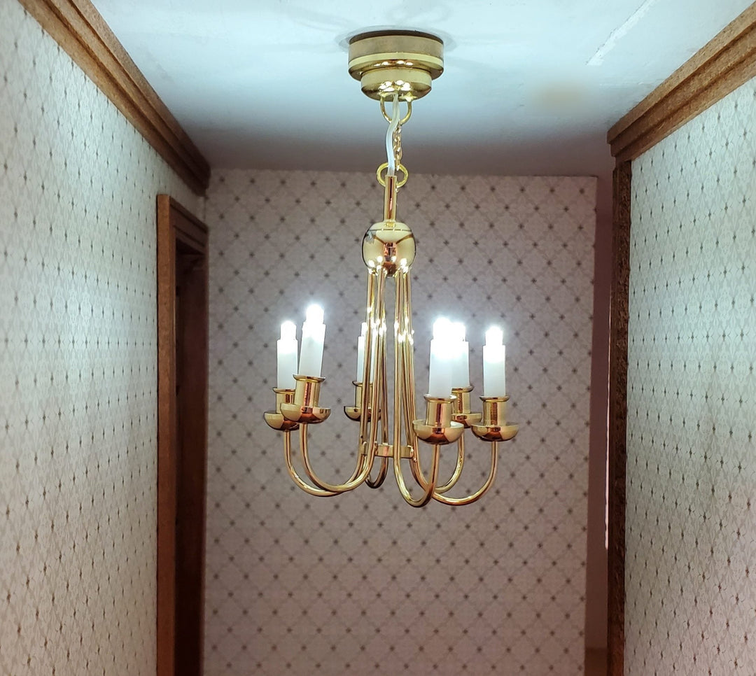 Dollhouse Chandelier LED Battery Operated Gold 6 Arm Light 1:12 Scale Miniature - Miniature Crush