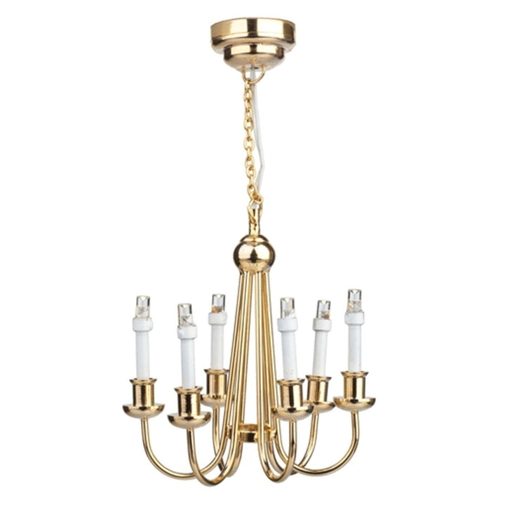 Dollhouse Chandelier LED Battery Operated Gold 6 Arm Light 1:12 Scale Miniature - Miniature Crush