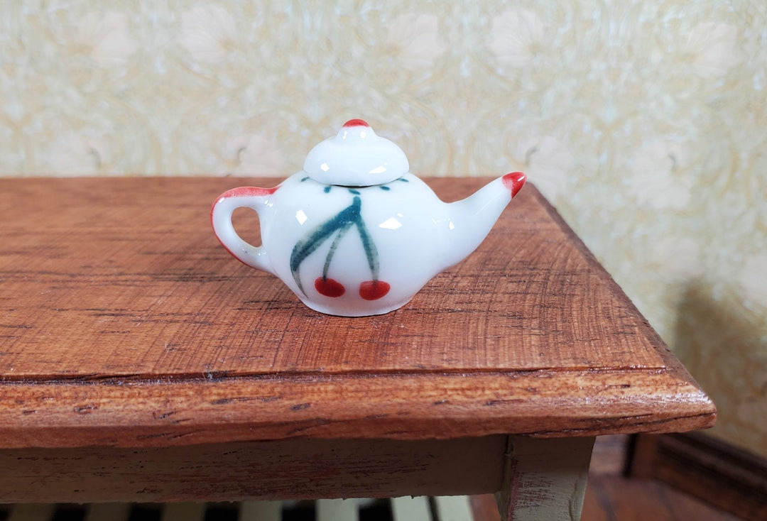 Dollhouse Cherry Motif Ceramic Teapot with Removable Lid 1:12 Scale Miniature - MiniatureCrush