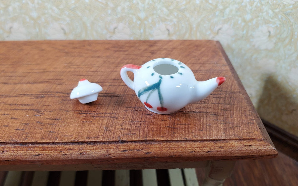 Dollhouse Cherry Motif Ceramic Teapot with Removable Lid 1:12 Scale Miniature - MiniatureCrush