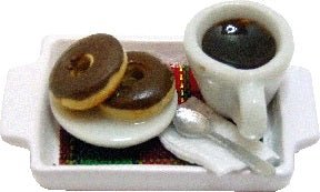 Dollhouse Chocolate Donuts & Coffee on a White Ceramic Tray 1:12 Scale Miniature - MiniatureCrush