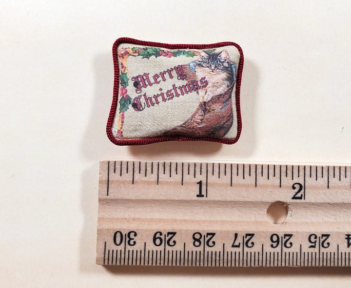Dollhouse Christmas Cat Vintage Style Pillow Handmade 1:12 Scale Miniature - MiniatureCrush
