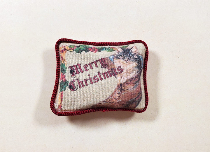 Dollhouse Christmas Cat Vintage Style Pillow Handmade 1:12 Scale Miniature - MiniatureCrush