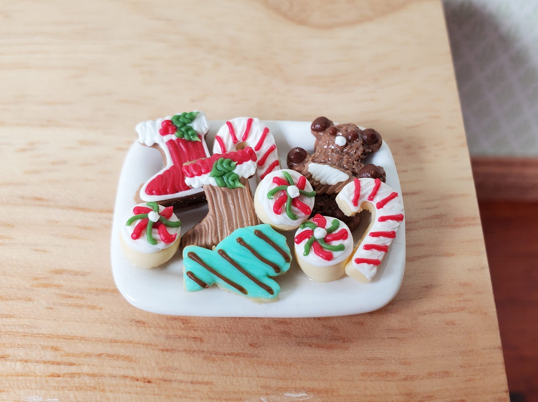 Dollhouse Christmas Cookies on Ceramic Tray 1:12 Scale Candy Canes Teddy Bear - MiniatureCrush