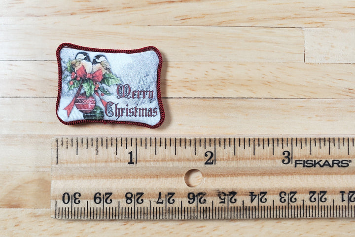 Dollhouse Christmas Pillow Chickadees & Holly Handmade 1:12 Scale Miniature - MiniatureCrush