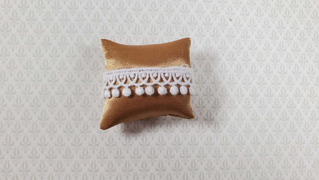 Dollhouse Christmas Pillow Gold w/ White Tassels Handmade 1:12 Scale Miniature - MiniatureCrush