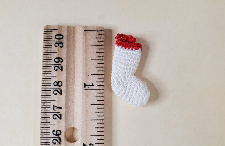 Dollhouse Christmas Stocking White Red Hand Crocheted 1:12 Scale Miniature - MiniatureCrush
