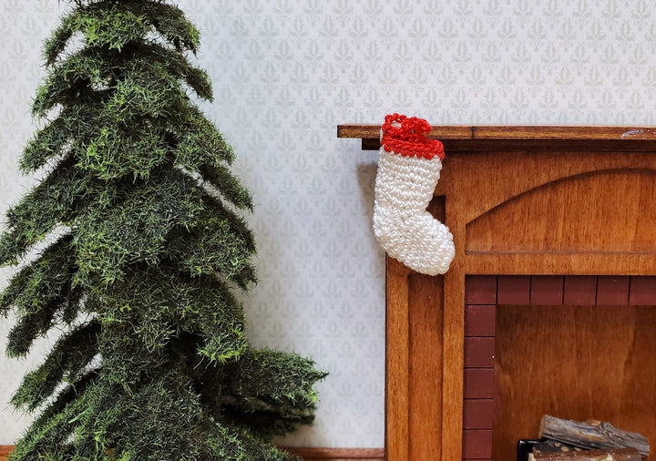 Dollhouse Christmas Stocking White Red Hand Crocheted 1:12 Scale Miniature - MiniatureCrush