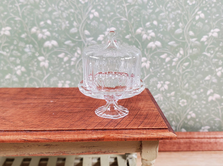 Dollhouse Clear Glass Fluted Cake Stand with Cover 1:12 Scale Miniature Kitchen - MiniatureCrush