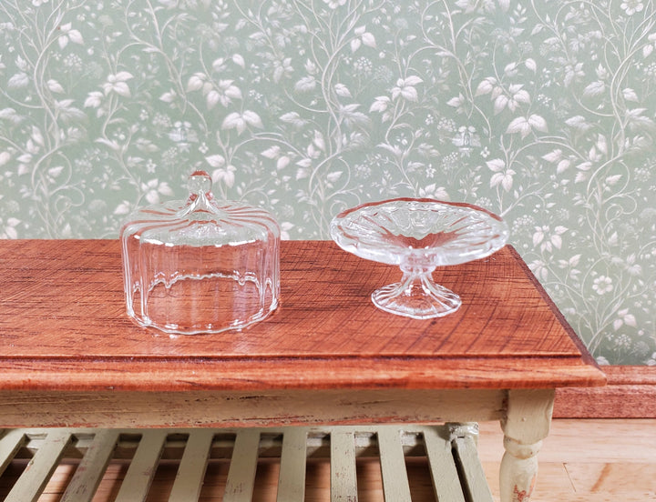 Dollhouse Clear Glass Fluted Cake Stand with Cover 1:12 Scale Miniature Kitchen - MiniatureCrush