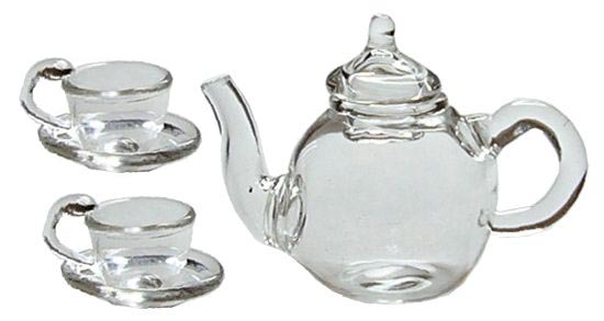 Dollhouse Clear Glass Tea Set Teapot Teacups and Saucers 1:12 Scale - MiniatureCrush