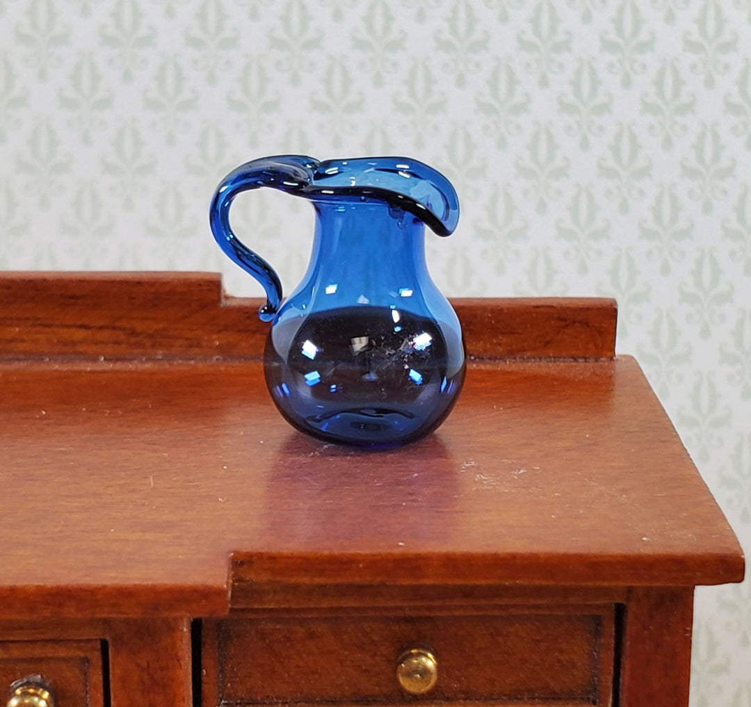 Dollhouse Cobalt Blue Pitcher Small Glass Carafe with Handle 1:12 Miniature - Miniature Crush