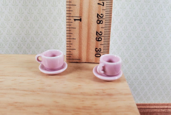 Dollhouse Coffee Mug Cups with Saucer PINK Set of 2 1:12 Scale Miniature Dishes - MiniatureCrush